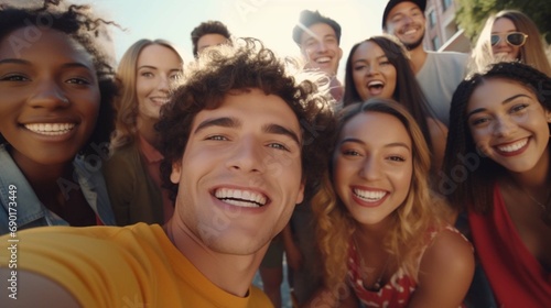 Multiethnic cheerful group of friends smiling on camera outdoor - Group of multiracial people having fun together outdoor