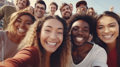 Multiethnic cheerful group of friends smiling on camera outdoor - Group of multiracial people having fun together outdoor