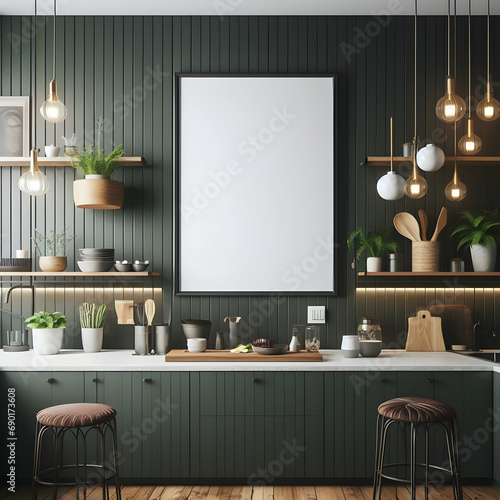 Mock Up Poster Frame in Kitchen Interior and Beige Accessories photo