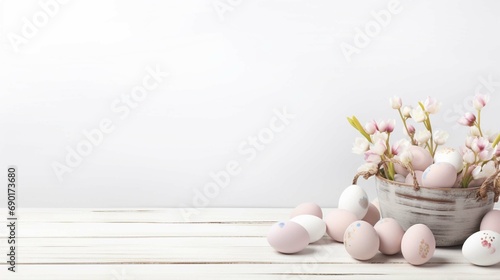 Painted Eggs with Flowers. Easter Banner with copy-space, featuring a Basket of Eggs on White Wood floor.