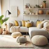 Scandinavian Home Interior Design of Modern Living Room and Yellow Pillows