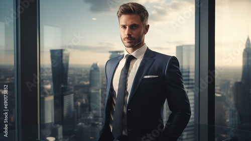 A distinguished corporate man in a tailored suit, confidently standing in a sleek, modern office with city skyline views