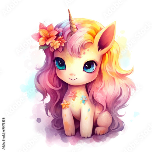 Watercolor small cute unicorn with flowers on white background.