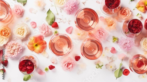  Rose wine variety layout. Flat-lay of rose wine in various glasses with flowers and summer fruit over plain white background, top view © Ammar