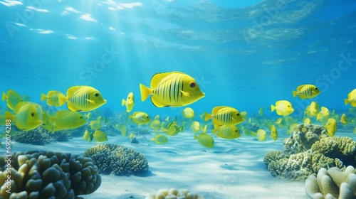 School of yellow tropical fish underwater in Bora Bora coral reef