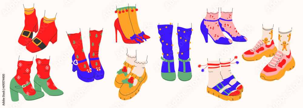 Collection of womens Christmas and New Year costume shoes icons with and without heels in a trendy style.isolated.Vector Collection of womens Christmas and New Year costume shoes icons with and without heels in a trendy style.isolated.Vector