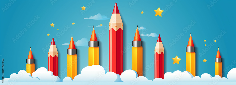 a rocket with colored pencils and a bunch of them a rocket with colored pencils and a bunch of them