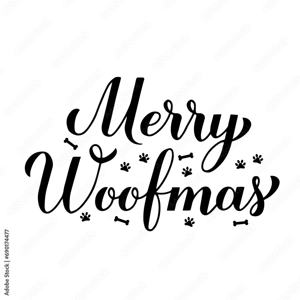 Merry Woofmas calligraphy hand lettering. Funny dog Christmas quote. Pets pun. Vector template for typography poster, banner, greeting card, sticker, etc.