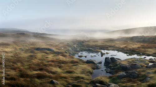Valokuva Misty moorland with rugged terrain and low-lying clouds.