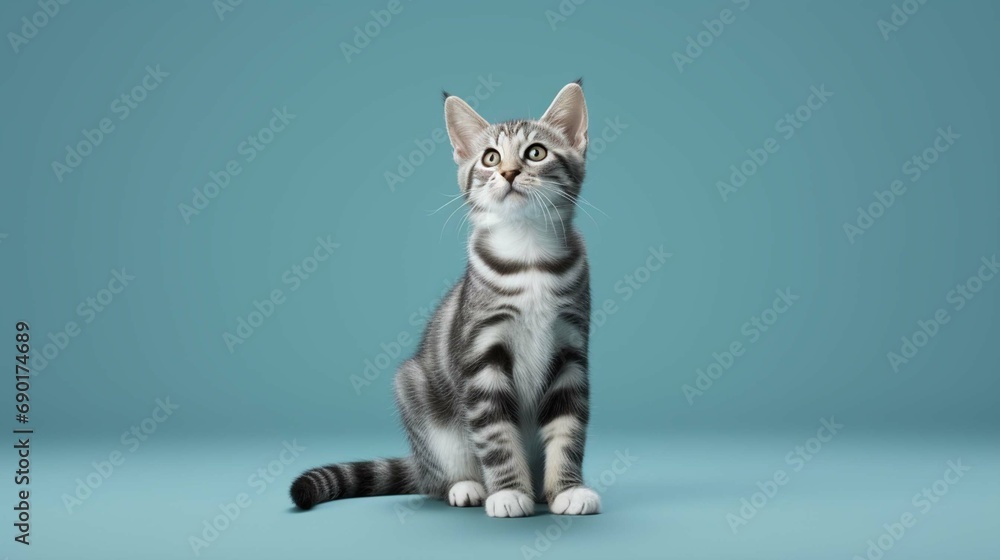 
Studio shot of a gray and white striped cat sitting on blue background 