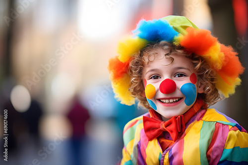Young boy child dressed up with colorful clown costume for European carnival celebration