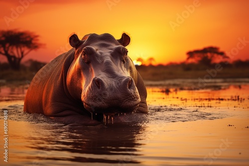 hippopotamusin South Africa at sunset,,Generative AI