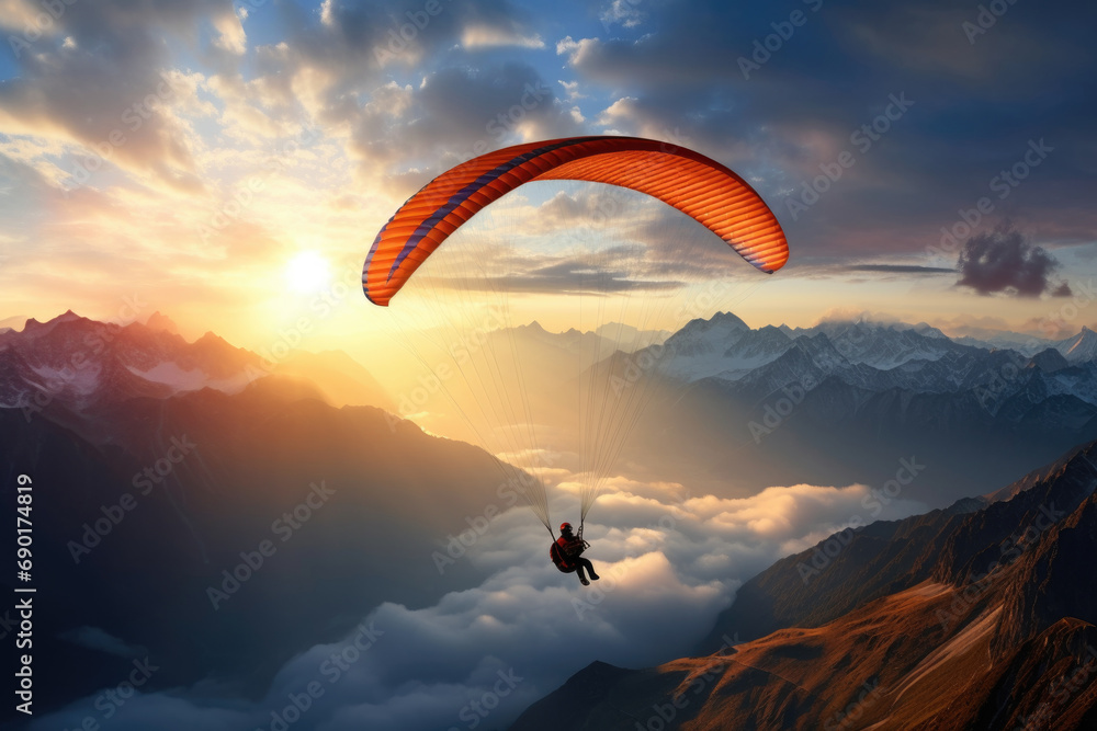 paraglider fly in mountain landscape at sunset paraglider fly in mountain landscape at sunset
