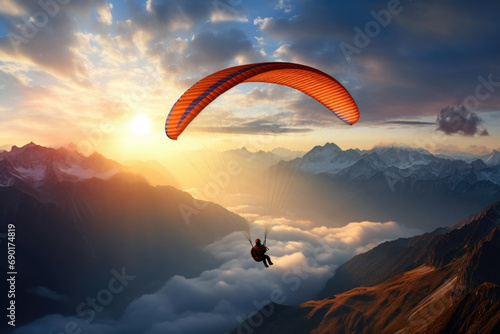 paraglider fly in mountain landscape at sunset