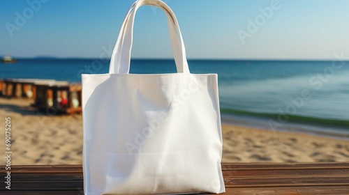 Textile blank eco bag on resort sea beach background. Shopping bag template space for branding and your print . Zero waste concept photography