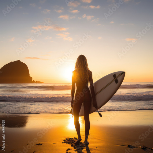 young woman stands beside surfbo at sunrise.
