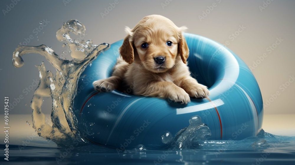 
Tiny 5 week old gold retriever puppy playing in a large blue toy - obrazy, fototapety, plakaty 