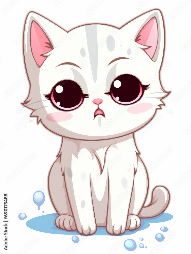 Cartoon sticker white sad kitten on white background isolated, AI Cartoon sticker white sad kitten on white background isolated, AI