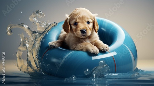  Tiny 5 week old gold retriever puppy playing in a large blue toy