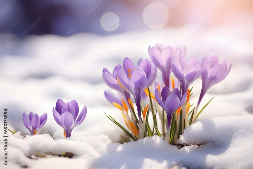 Fototapeta premium Beautiful purple blooming crocus spring flowers growing between snow during late winter or early spring