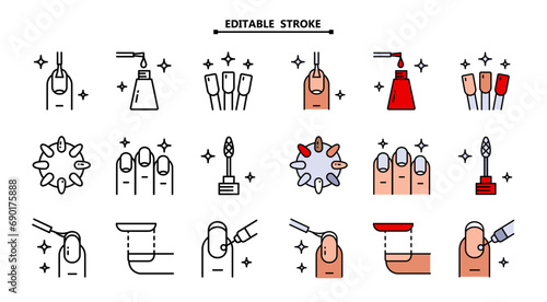 Manicure, icon set. Editable stroke. Tools for cosmetic beauty treatment for the fingernails and hands, linear icons. Nail care.