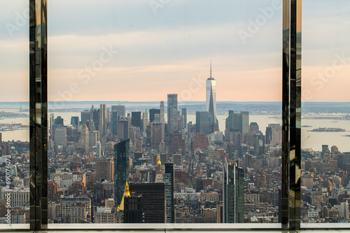 World trade center Through glass of modern skyscraper in city downtown