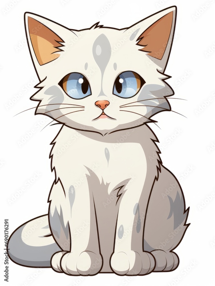 Cartoon sticker white sad kitten on white background isolated, AI