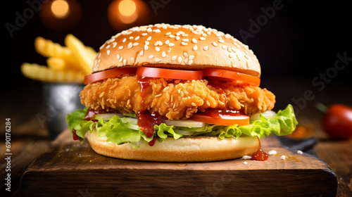 Mouthwatering shot of crispy chicken burger, Dramatic lighting emphasizing crispiness, AI Generated