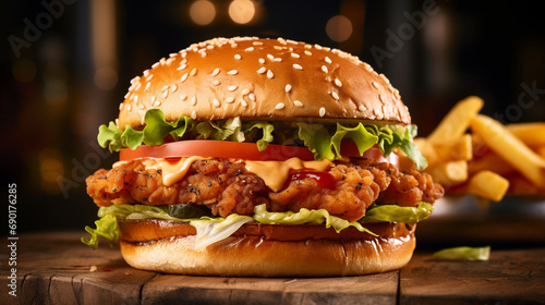 Mouthwatering shot of crispy chicken burger, Dramatic lighting emphasizing crispiness, AI Generated photo