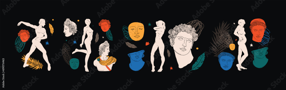 Hand drawn vector abstract outline, graphic, contemporary greek ancient sculpture statues and columns line set with woman's body .Antique classic statue in trendy graffiti style.Sculpture art set.  - obrazy, fototapety, plakaty 