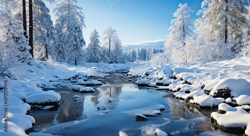 small river in snowy forest footage photo