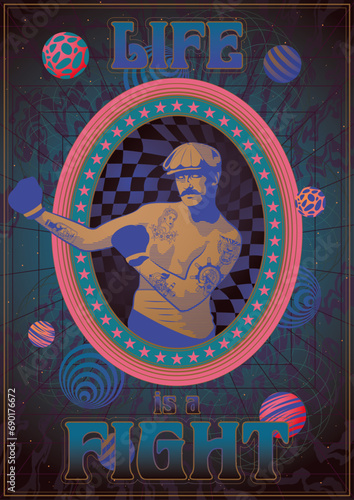 Life is a Fight Retro Boxer Psychedelic Art Style Poster, Abstract Background 