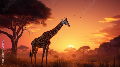 Wild giraffe reaching with long neck to eat from tall tree