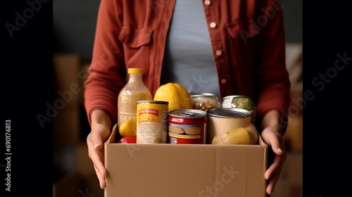  Woman volunteer hands holding food donation box with food grocery products. Donations for charity, food bank © Ammar