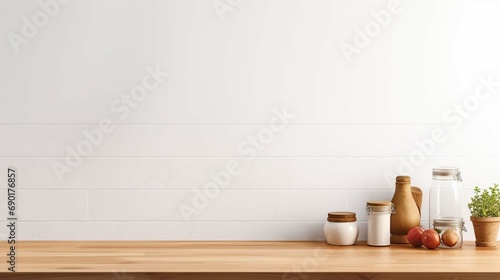 Wood table and white wall background in kitchen, Wooden shelf, counter for food and product display in room background, Wood table top, desk surface banner, mockup photography