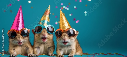 Happy Birthday, carnival, New Year's eve, new years eve or other festive celebration, funny animals card - Group of chipmunks with party hat and sunglasses on blue background with confetti