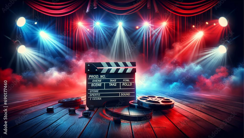 Cinematic Movie Set with Clapperboard and Film Reel on Wooden Stage - obrazy, fototapety, plakaty 