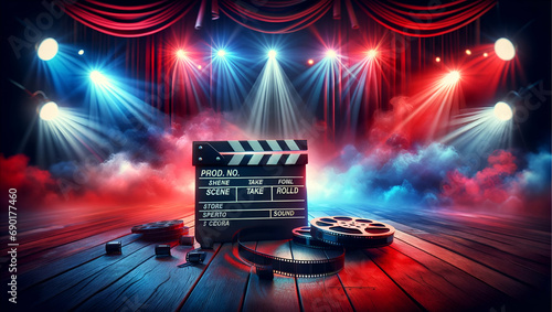 Cinematic Movie Set with Clapperboard and Film Reel on Wooden Stage photo