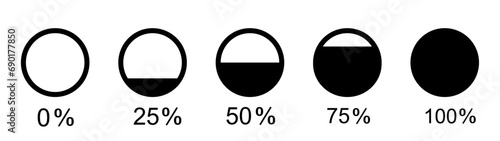 Set of filled circle from 0 to 100 percent icon. Vector circular shape symbol.