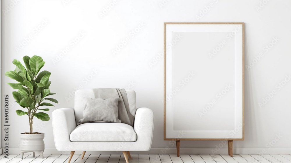 copy space, stockphoto, minimalist cozy healing living room blank frame mockup. Beautiful simple view on a couch and table. Black frame available for random text. Living room mock up. - obrazy, fototapety, plakaty 