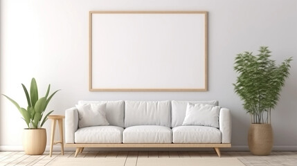 copy space, stockphoto, minimalist cozy healing living room blank frame mockup. Beautiful simple view on a couch and table. Black frame available for random text. Living room mock up.