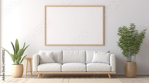 copy space, stockphoto, minimalist cozy healing living room blank frame mockup. Beautiful simple view on a couch and table. Black frame available for random text. Living room mock up. photo