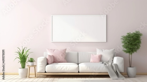 copy space, stockphoto, minimalist cozy healing living room blank frame mockup. Beautiful simple view on a couch and table. Black frame available for random text. Living room mock up. © Dirk