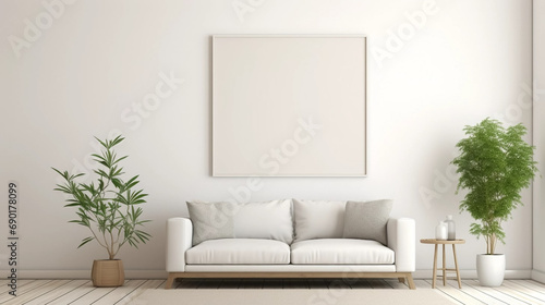 copy space, stockphoto, minimalist cozy healing living room blank frame mockup. Beautiful simple view on a couch and table. Black frame available for random text. Living room mock up.