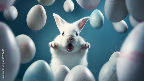 White funny little bunny jumping out of painted Easter eggs thrying to scare the children photo