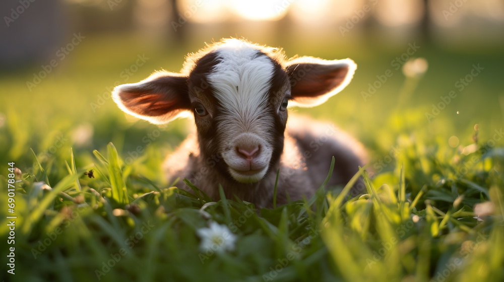Fototapeta premium Newborn goatling resting on a green lawn in morning. Funny newborn young goat lying on the summer meadow.