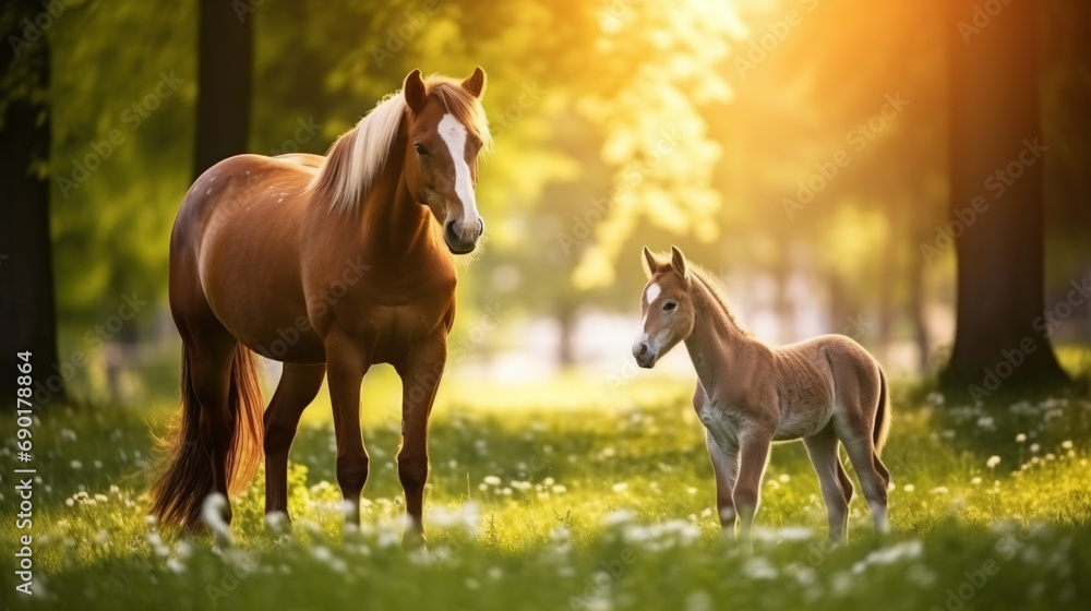 Obraz premium Young foal with mother on a green lawn in morning. Cute horses family lying on the summer meadow.