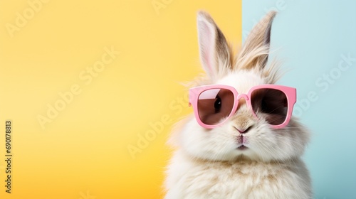 A fluffy, pastel-colored bunny wearing oversized sunglasses, bringing a touch of humor to the isolated white space