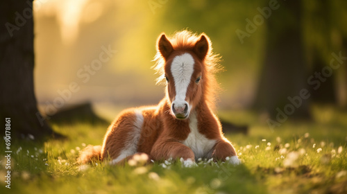Foto Newborn young foal resting on a green lawn in morning