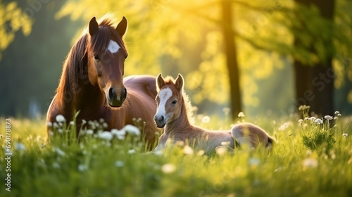 Canvastavla Young foal with mother on a green lawn in morning